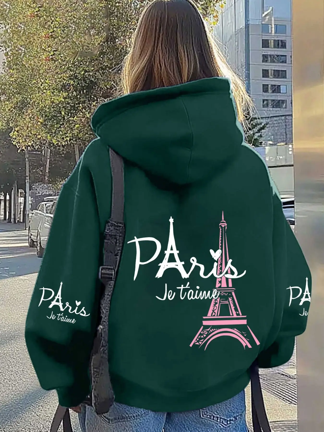 Eiffel Tower Print Hoodie for Women, French Style Loose Fit Long Sleeve Casual Sweatshirt, Fall Fashion Graphic Pullover