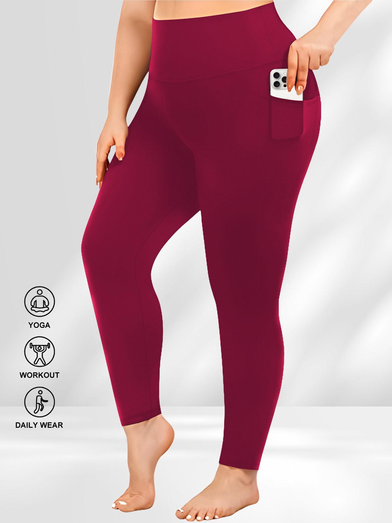 Plus Size Solid High Waist Sports Comfy Gym Workout Leggings with Pocket, Summer Outfits, Casual High Stretch Skinny Pants for Women, Soft Comfortable Women's Bottoms for All Seasons, Stretchy Workout Leggings