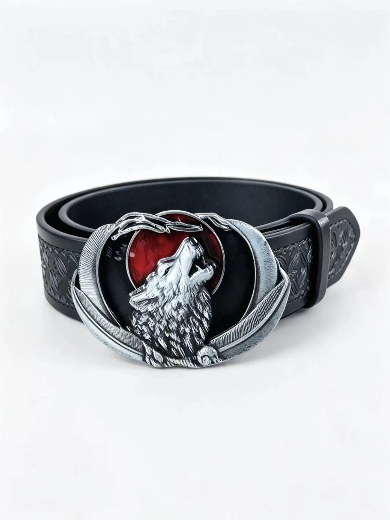 Western Retro Howling Wolf Alloy Buckle PU Embossed Belt, Durable Belts, Unisex Outdoor American Cowboy Waistband, Perfect for Western Style Lovers