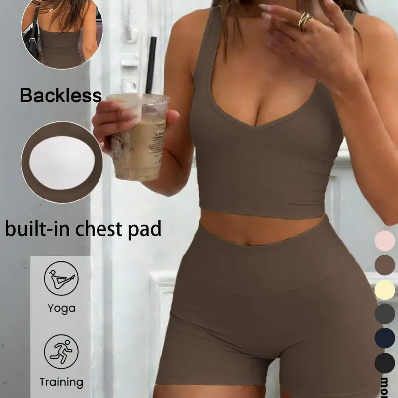Sexy U-Neck Backless Halter Top Shorts Set, Sports Clothing Set, Sleeveless Exercise, Elastic Comfortable Casual Wear, Perfect for Gym Yoga Running Daily