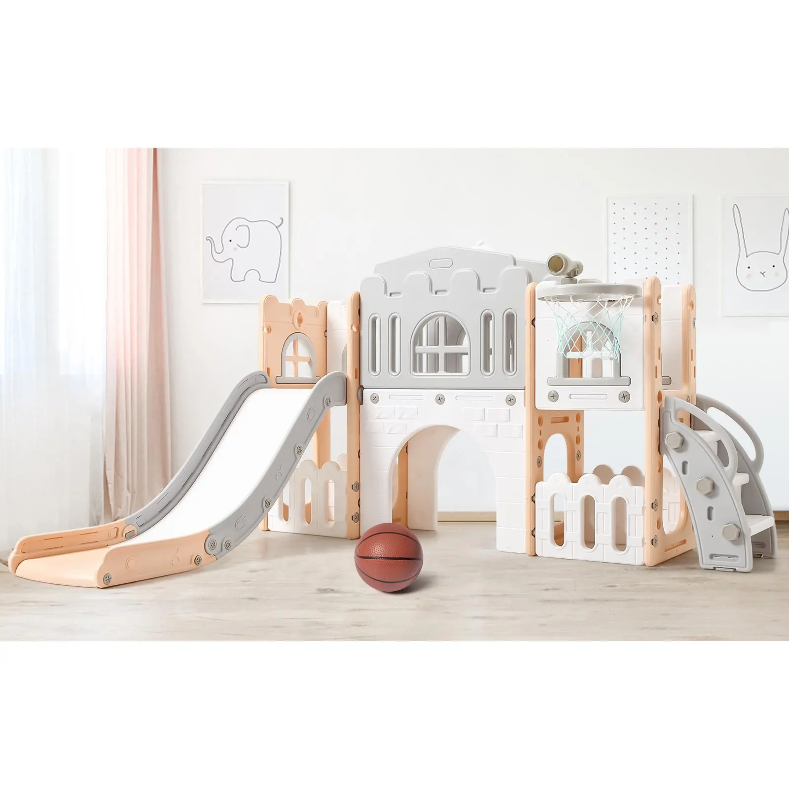BPA-Free 44.09 lbs Plastic Toddler Climber and Slide Castle Activity Center - HDPE Kids Playground Toy with Basketball Hoop, Steering Wheel, Telescope for Indoor/Backyard All-Year-Round Multi Play Space