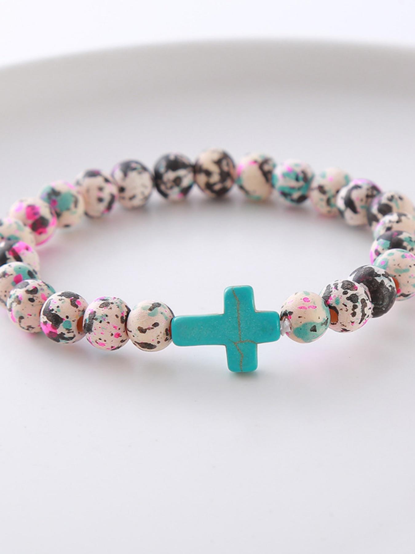 Boho Style Cross Charm Beaded Bracelet, Fashionable Elastic Beaded Bracelet for Women & Girls, Trendy All-match & Exquisite for Birthday Gift, Bohemian Bracelets, Cross Charm Bangle