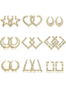 9 Pairs Retro Golden Hip Hop Large Bamboo Hoop Earrings for Women Men Quality Alloy Stainless Steel Jewelry Distinct Hollow Segmented Bamboo Texture Dramatic Geometric Outlines Vintage 80s 90s Street Fashion Aesthetics Layered Collocation Options