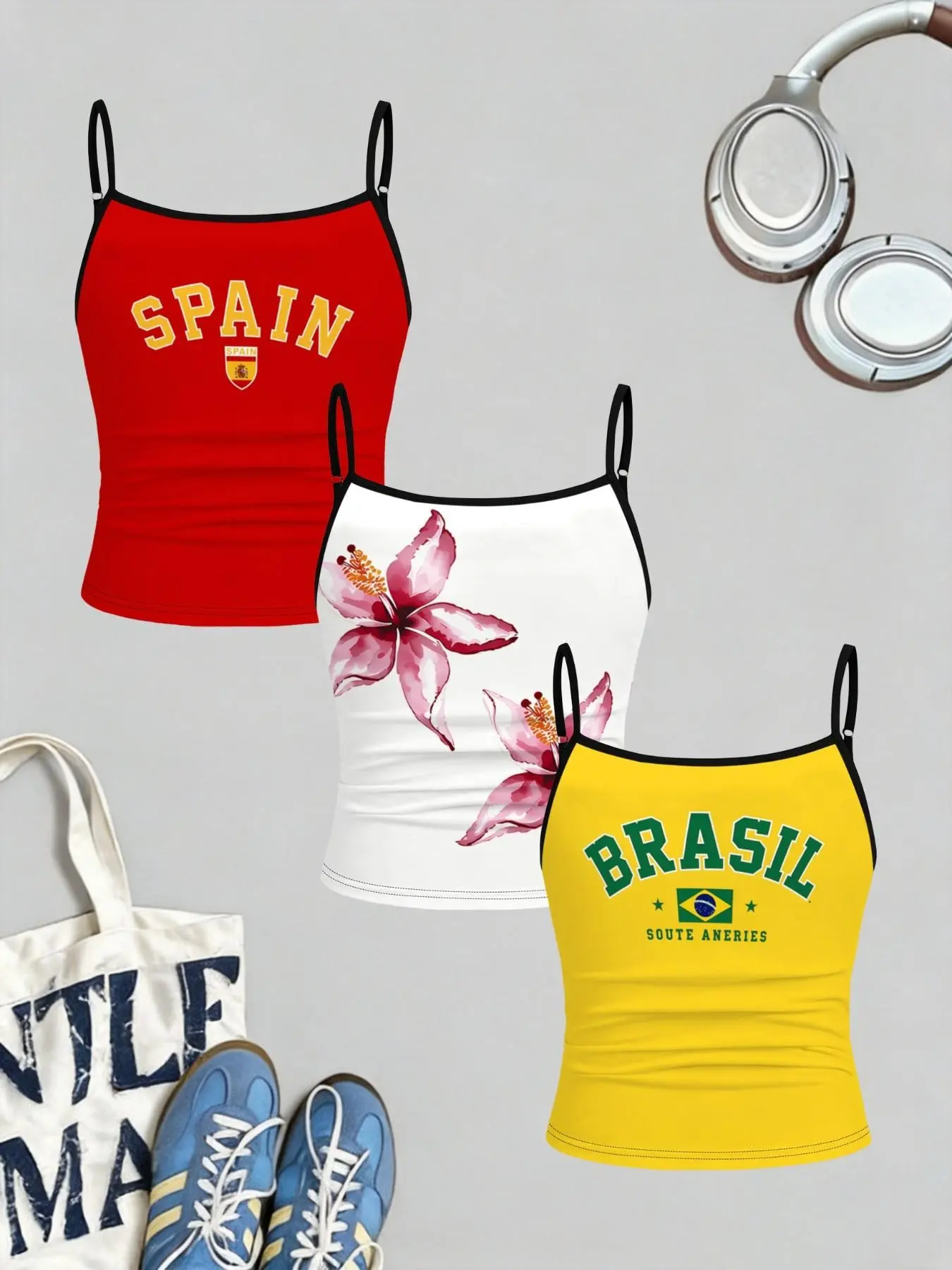 3-Pack Girls' Tank Tops, Spanish, Hibiscus, Brazilian Patterns, Side Ruched Stretch Sleeveless Shirts, Y2K Style, Summer Daily Wear
