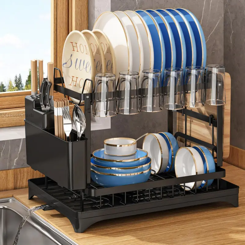 Dish Drying Rack, 1 Count 2-Tier Dish Rack With Drainboard, Dish Drainer Rack, 2-layer Foldable Tableware Drain Storage Rack, Kitchen Accessories, Home DecorH5ClosetCrush