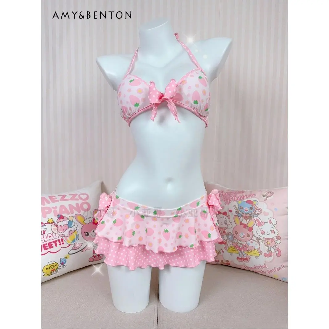 Kawaii Cartoon Strawberry Print Two-Piece Skirt Swimsuit Cute Princess Style Bikini Beach Swimwear Sweet Girl Sexy Bikini Set