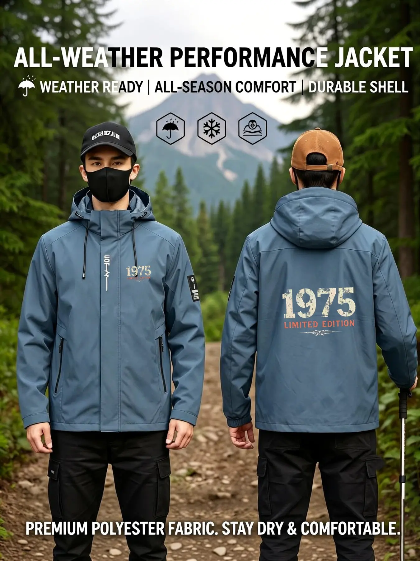 Men's All-Season Zip-Up Hooded Jacket, 1975 Print, Loose Fit, Windproof, Durable, with Pockets, Ideal for Hiking, Climbing, Daily Use