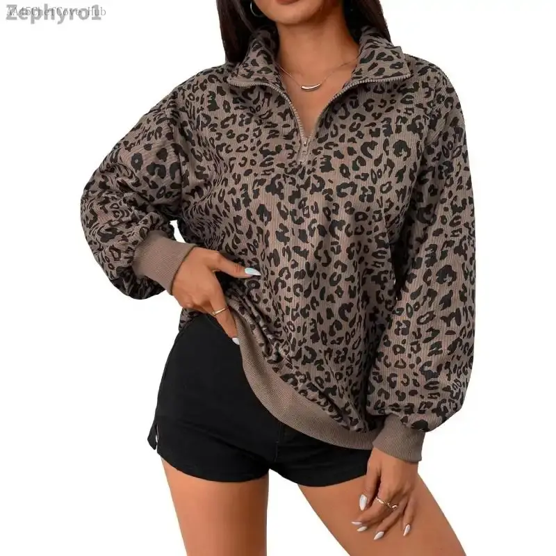 Womens Cheetah Print Oversized Sweatshirt Half Zip Pullover Corduroy Long Sleeve TopsZephyroAA45ChefCove Hub, Longsleeves, Leopard Print