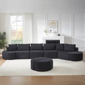 Aobtkel®Modular sofa set in chenille fabric, featuring six decorative pillows and four curved footstools, perfectly suited for living rooms, bedrooms, and office spaces. Black