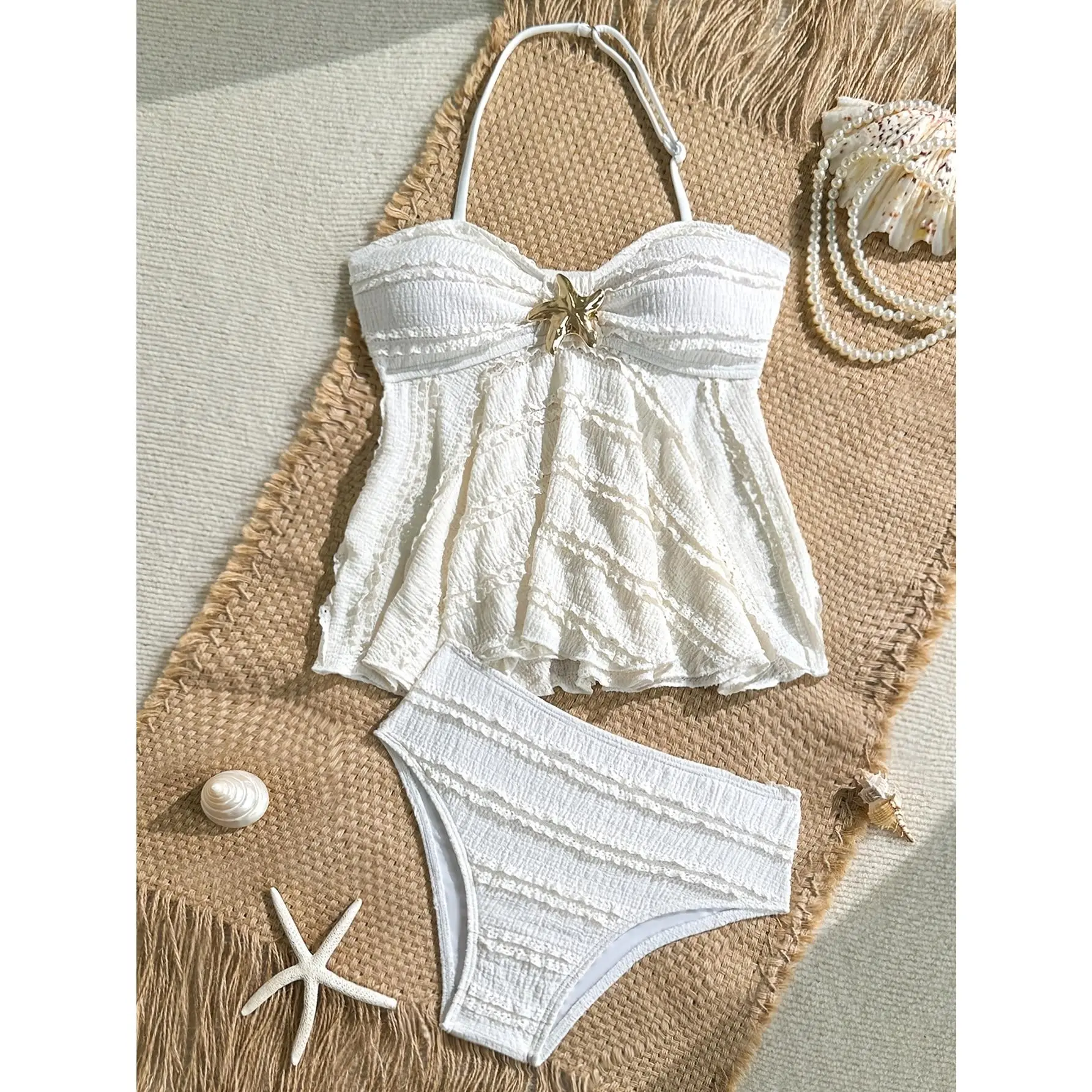 Teen And Tween Girl Fish Star 2pcs Tankini Sets for 7-16 Years Old Girls Tummy Control Ruffled Hem Girls Bathing Suit White Beach Wear Swimming Suits