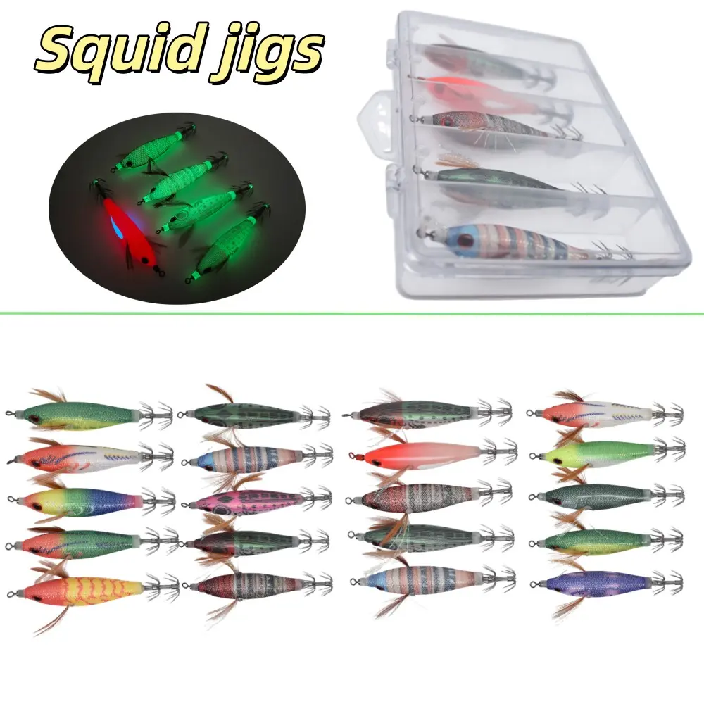 5 Pcs/box Glow-In-The-Dark Fishing Lures with 3D Eyes, Realistic Shrimp Squid Octopus, Hard Bait Jig Lures with Hooks, Non-Toxic