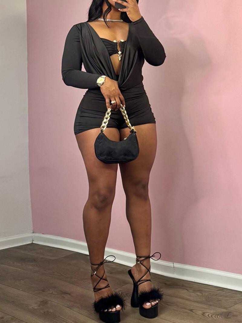 Women's 2 in 1 Draped Design Romper, Casual Thigh Fitted Long Sleeve Skinny Romper for Daily Wear, Ladies Clothes for Spring & Fall