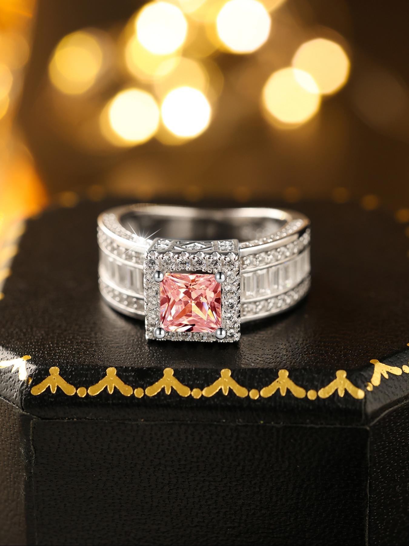 S925 Sterling Silver Fashion Pink artificial Zircon Decorated Emerald Cut Solitaire Ring, Luxury, Fashion Jewelry Accessories for Women, with Box