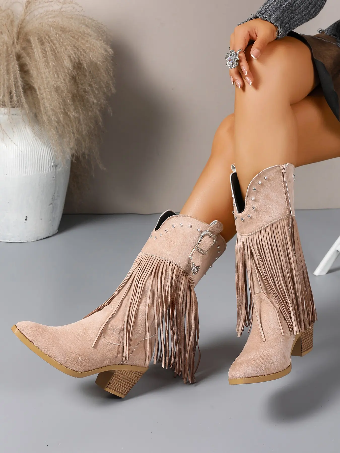 American Style Vacation Fringe Mid-Calf Boots, Rhinestone Decor Side Zipper Slimming Pointed Toe Short Boots, Fashionable Women's Footwear
