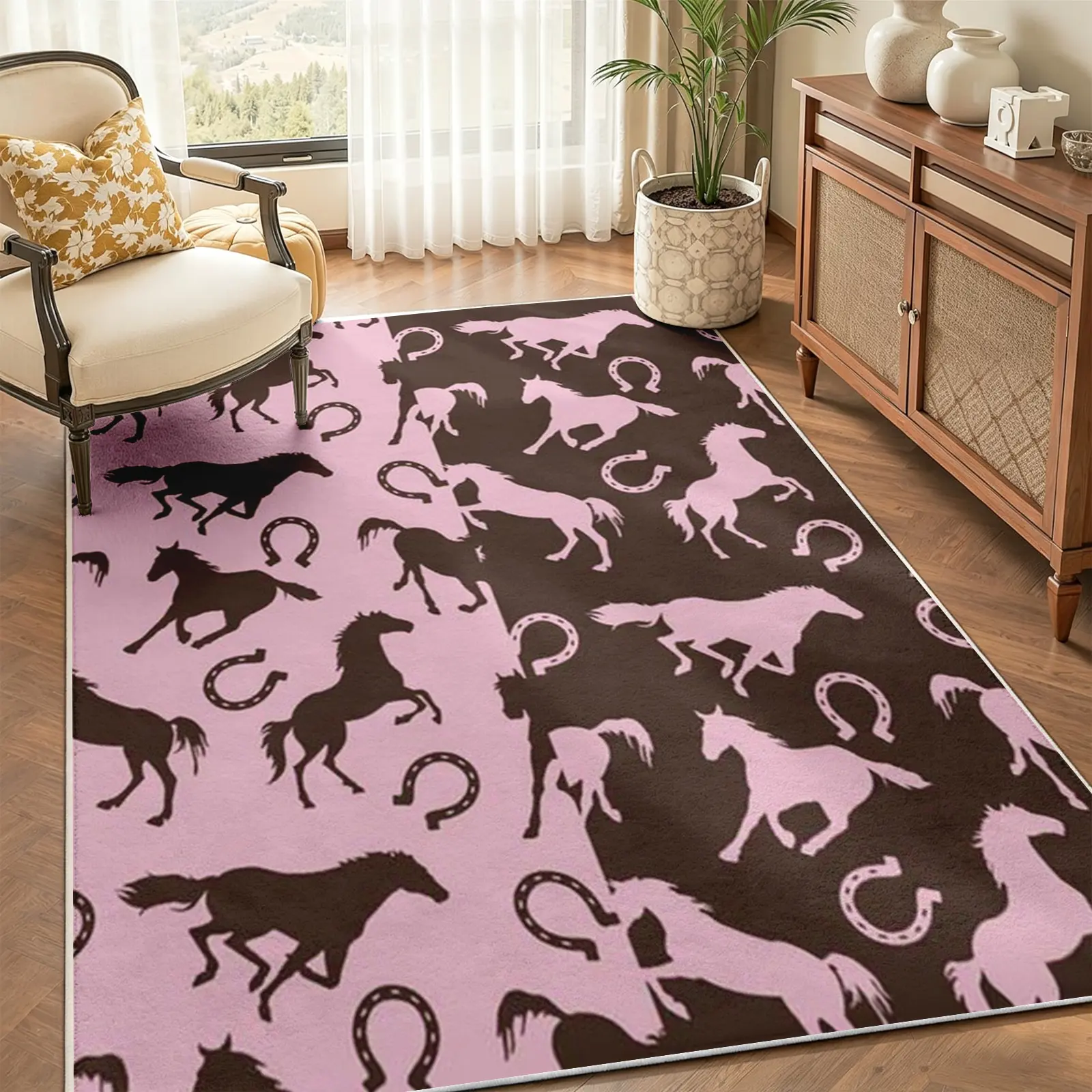 Modern Playful Area Rug, Diagonal Pink Brown Horse Horseshoe Silhouette Carpet, Soft Non-Slip Machine Washable Floor Covering, Stain-Resistant Low Pile Rug, Aesthetic Decor for Living Room Bedroom (Various Sizes)