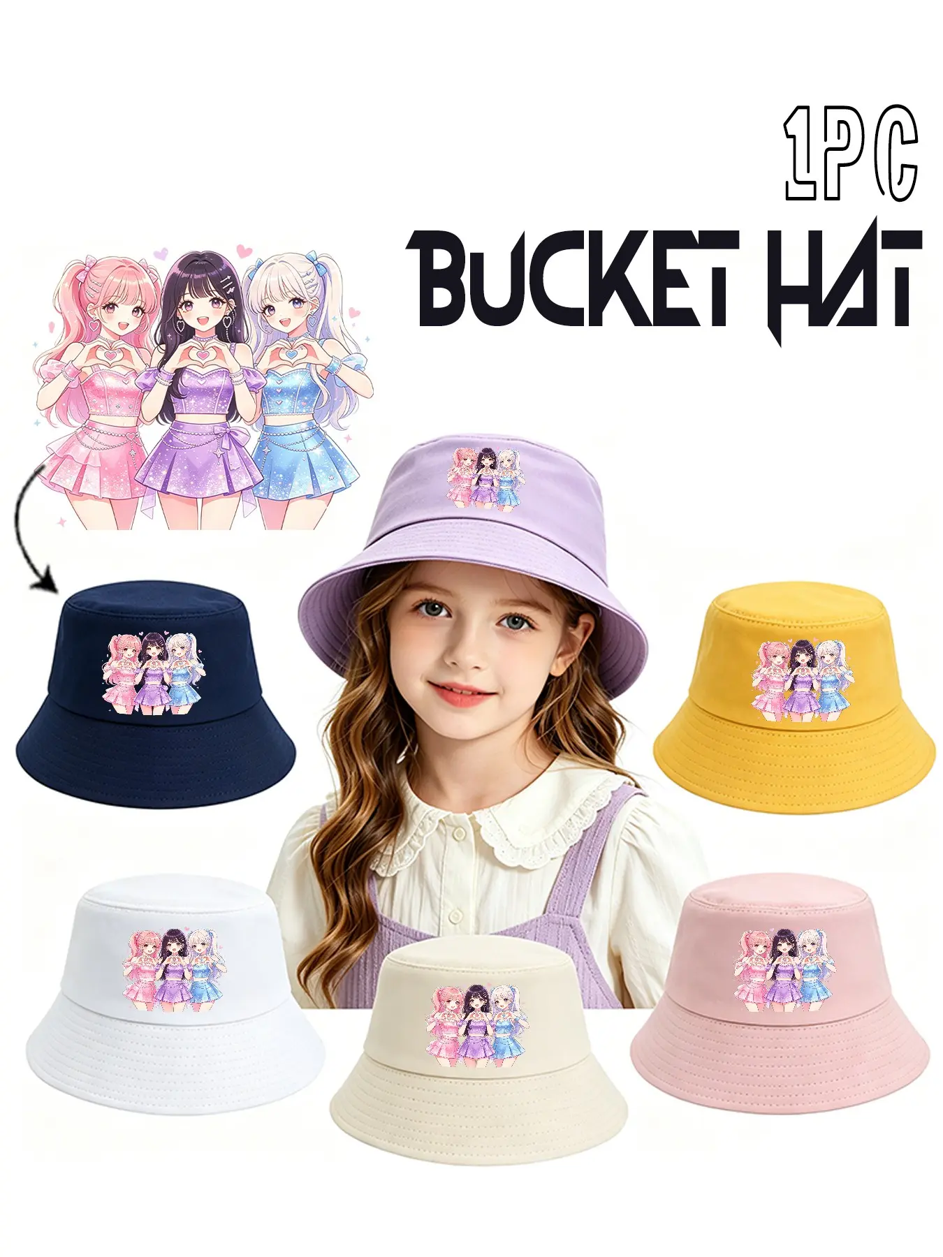 Viral Kawaii Girl Anime Group Print Kids Cotton Bucket Hat, Breathable Soft Wide Brim Y2K Aesthetic Sun Fisherman Cap, Cute Anime Three Glitter Star Girls Cartoon Hat for Little Girls Concert Party Beach Daily Outdoor Trendy Outfit