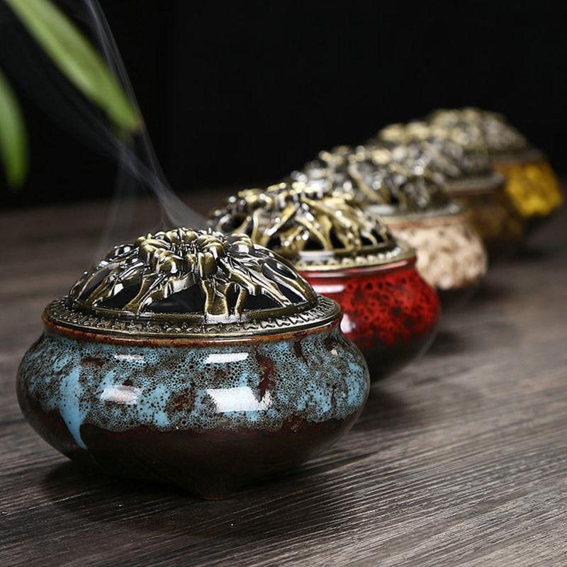 Ceramic Incense Burner for Sandalwood & Coil Incense Retro Alloy Lid Ice Crack Kiln Glaze Small Aromatherapy Furnishing Ornament Censer holder