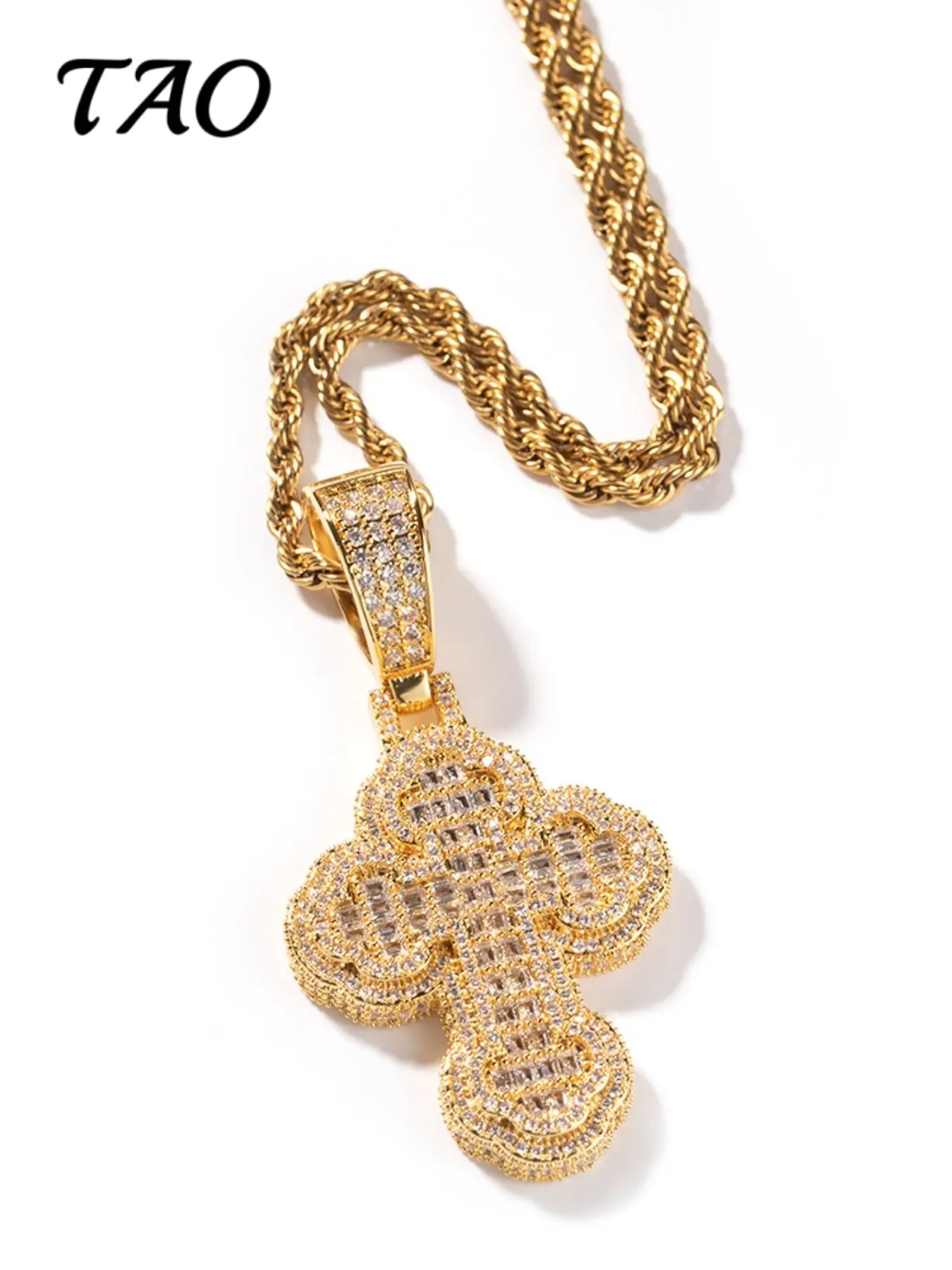 TAO-Creative Zircon Cloud Cross Pendant Necklace, 24-Inch Braided Chain, Hip Hop Style, Unisex, All Seasons, Luxurious Design