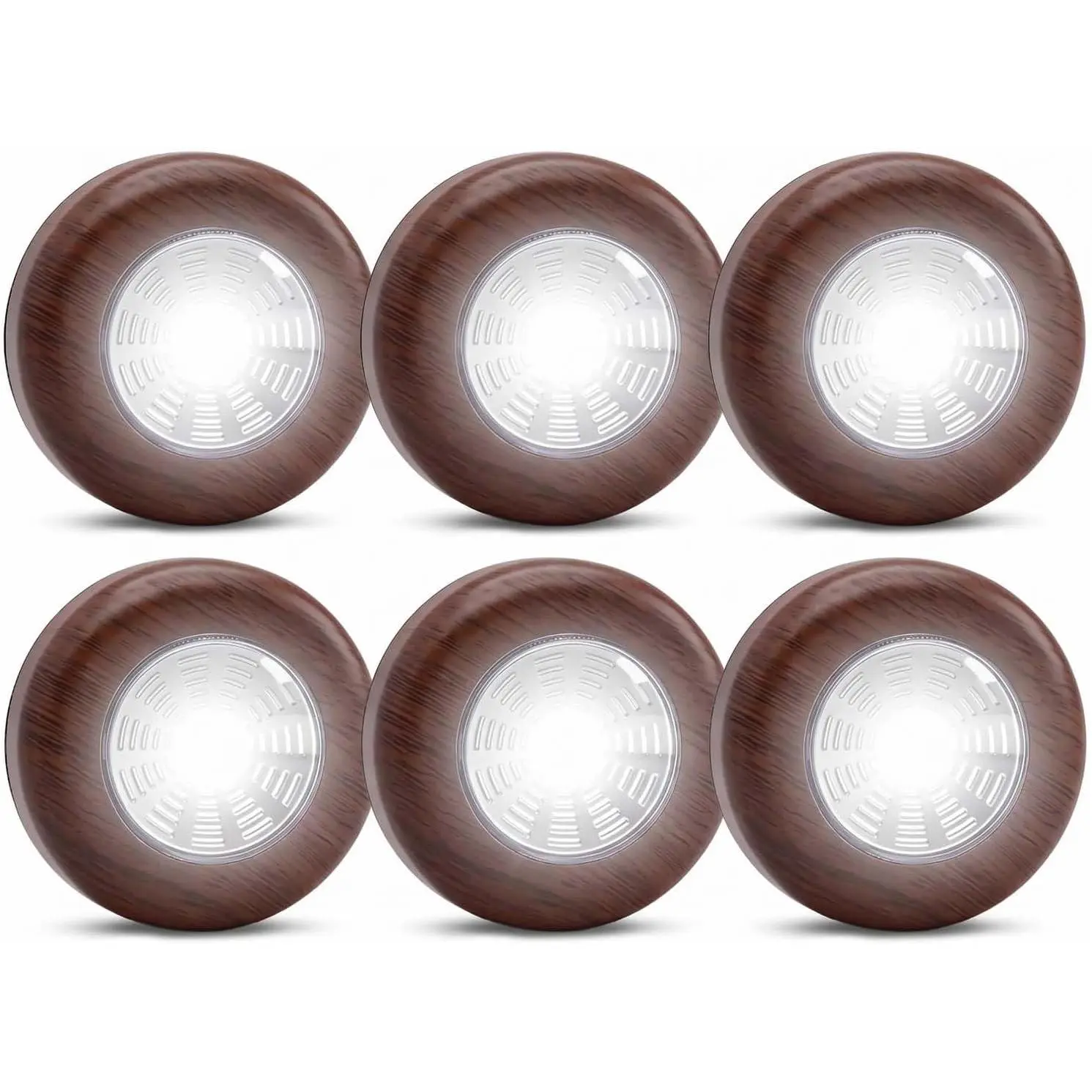 6-Pack Wood Grain LED Puck Lights, Wireless Tap-Activated Battery-Operated Stick-On Push Lights with Black Base (2.7" Diameter x 1" Height) for Closets, Wardrobes, Seniors' Home Improvement Use