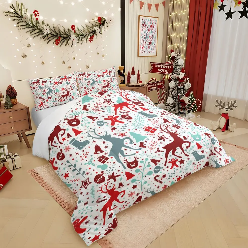 2/3Pcs Christmas Reindeer Bedding Set, Holiday Festive Comforter Set, Soft Microfiber Quilt with Pillowcase, Merry Christmas Pattern Bedspread for Bedroom Home Decor No Pillow Core