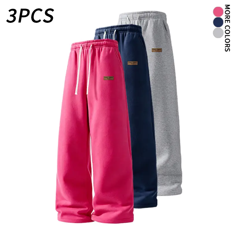 3 Pack Men's Loose Wide Leg Joggers, Soft Warm Fleece Sweatpants with Adjustable Drawstring Waist and Functional Pockets, Oversized Straight Leg Pants for Gym, Streetwear and Lounge