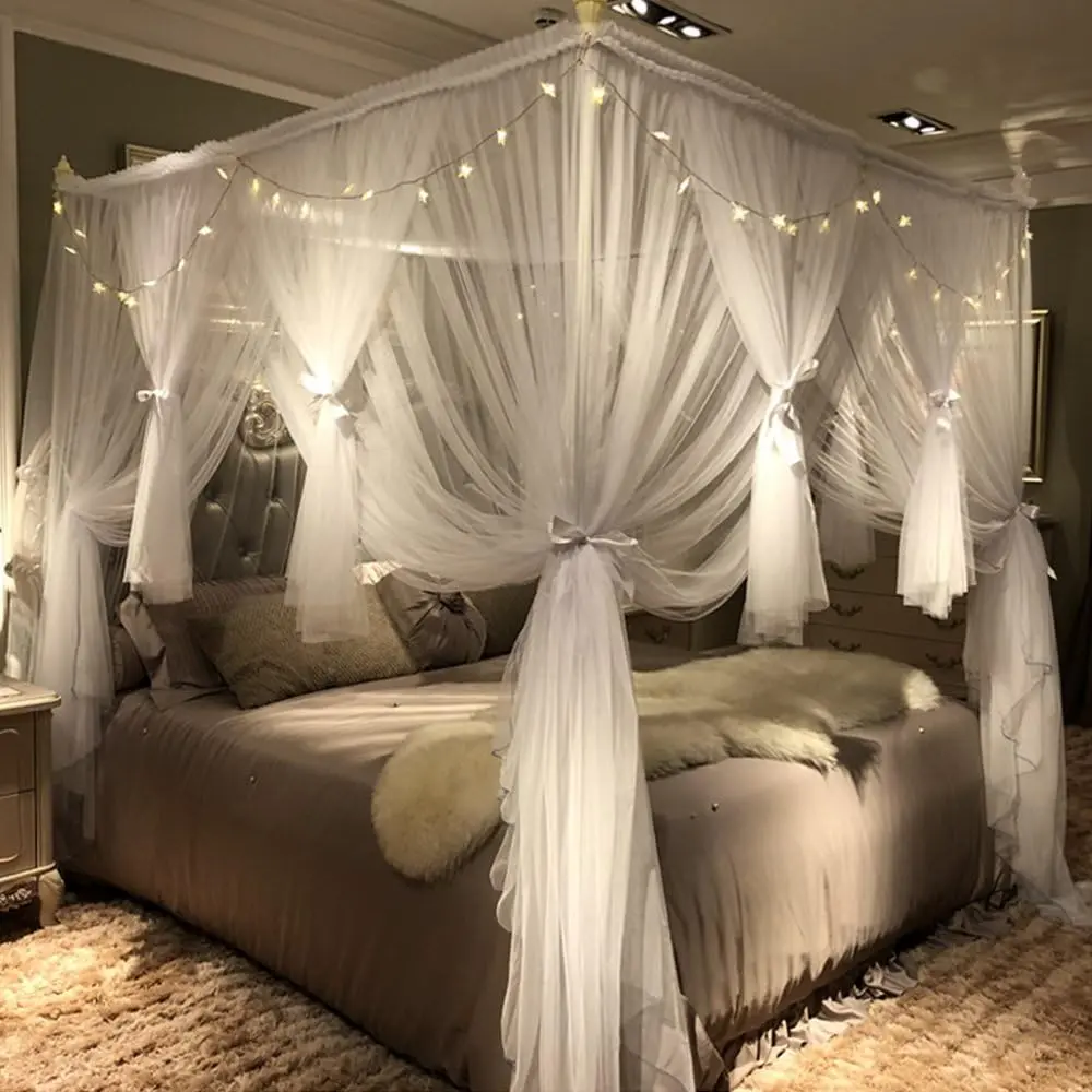 4 Corners  Canopy Bed Curtain for Girls & Adults - Royal Luxurious Cozy Drape Netting - Cute Princess Bedroom Decoration Accessories (White, )