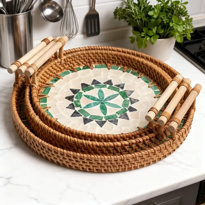 Handmade Festive Decor Rattan Bamboo Woven Tray - Large Capacity Fruit Plate with Exquisite Shell Pattern, Multi-Functional Breakfast/Snack/Bread Basket, Decorative Storage Organizer for Christmas New Year Home Kitchen Dining Room, Non-Food Contact