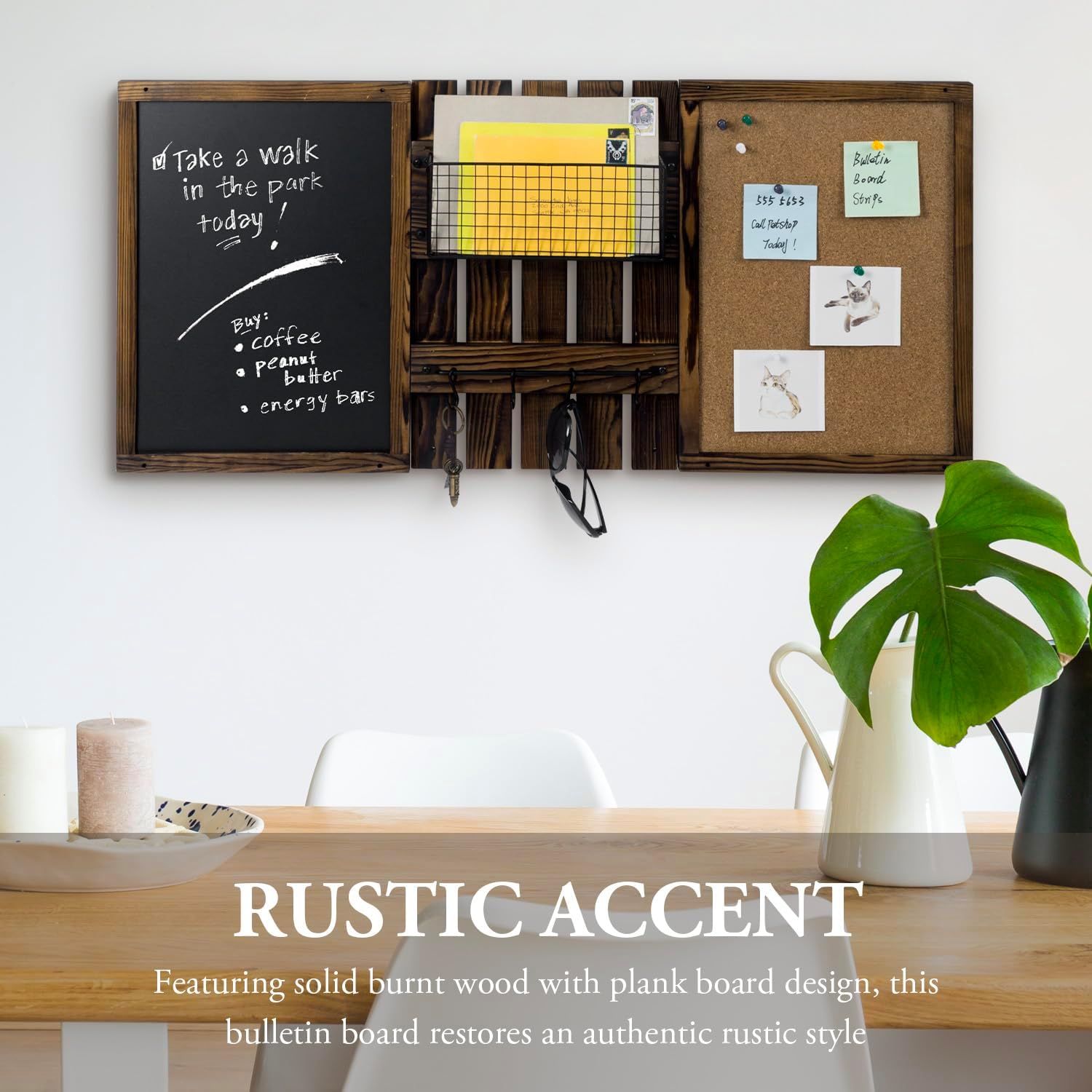 3 Panel Wall Mounted Entryway Bulletin Board Combo Set with Rustic Burnt Solid  Frame with a Chalkboard, Cork Board, Black Metal Mail Basket, and Hanging Rail