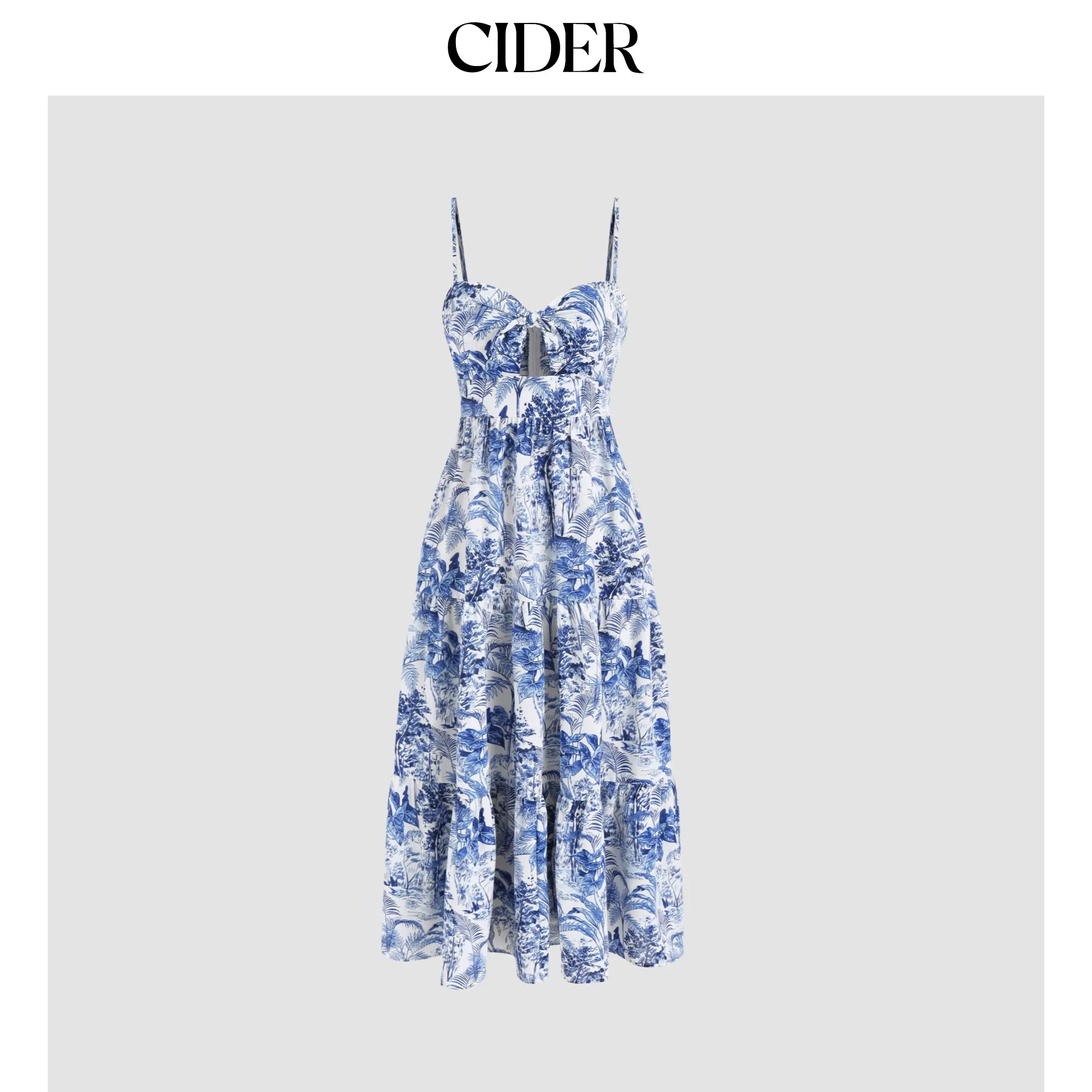 Cider [size 0-10] Santorini Beach Vacation V-neck Landscape Painting Cut Out Knotted Cami Midi Dress SohoChic