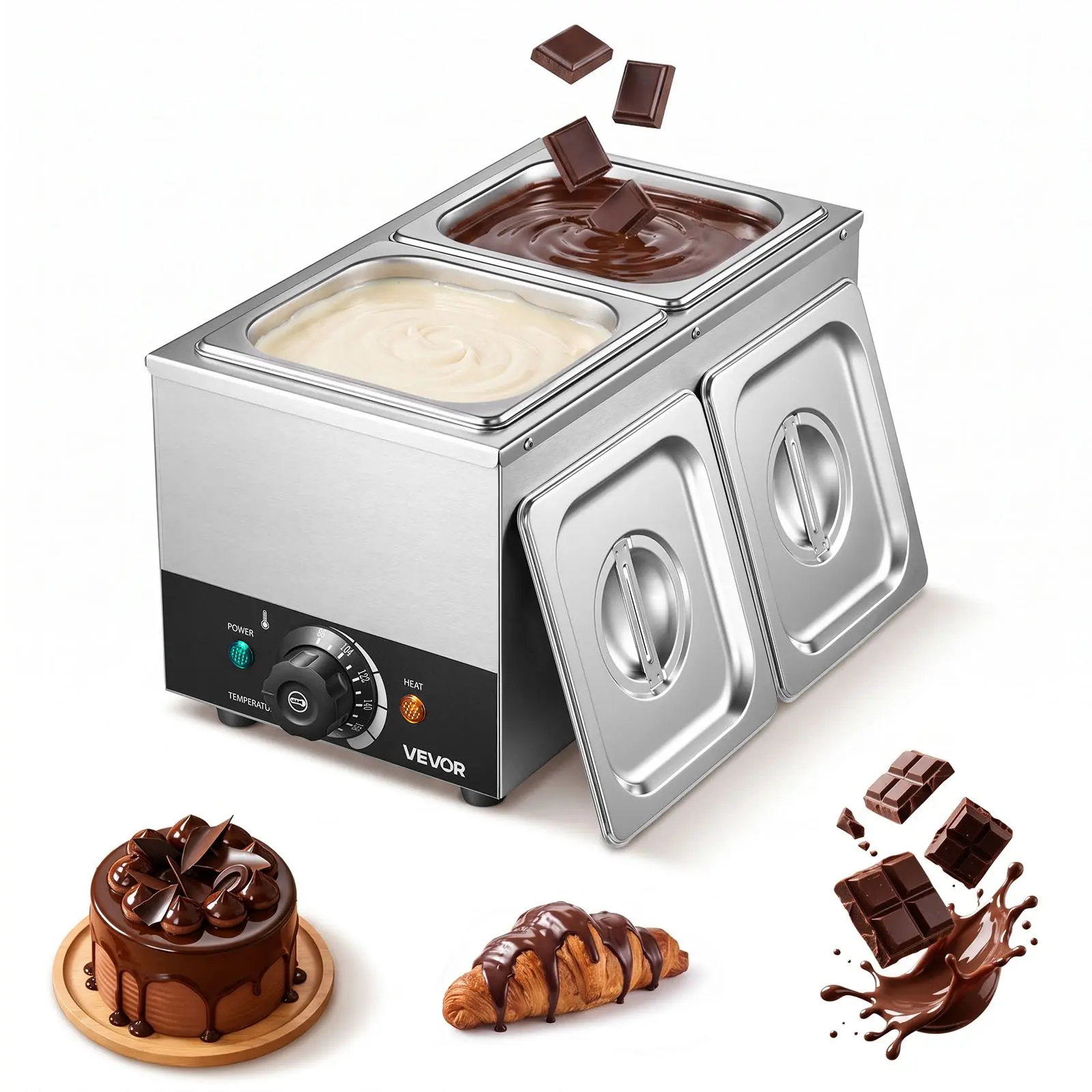 VEVOR Chocolate Melting Machine, 2 Tanks 9 Lbs Choc Commercial Melter, 800W High Power, Water Bath Heating System, Stainless Steel Body, 86℉- 185℉ Temp Range, Chocolate Warmer for Cheese Milk