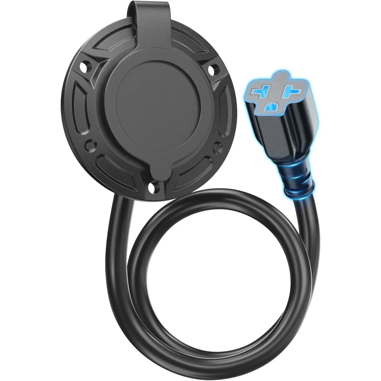 20A 125V AC Heavy-Duty RV Shore Power Inlet Plug with 12AWG Copper Wiring, 5-in-1 T-Blade Adapter, 16'' Extension Cord, Flush Mount Outdoor Power Outlet Box for RVs & Boats