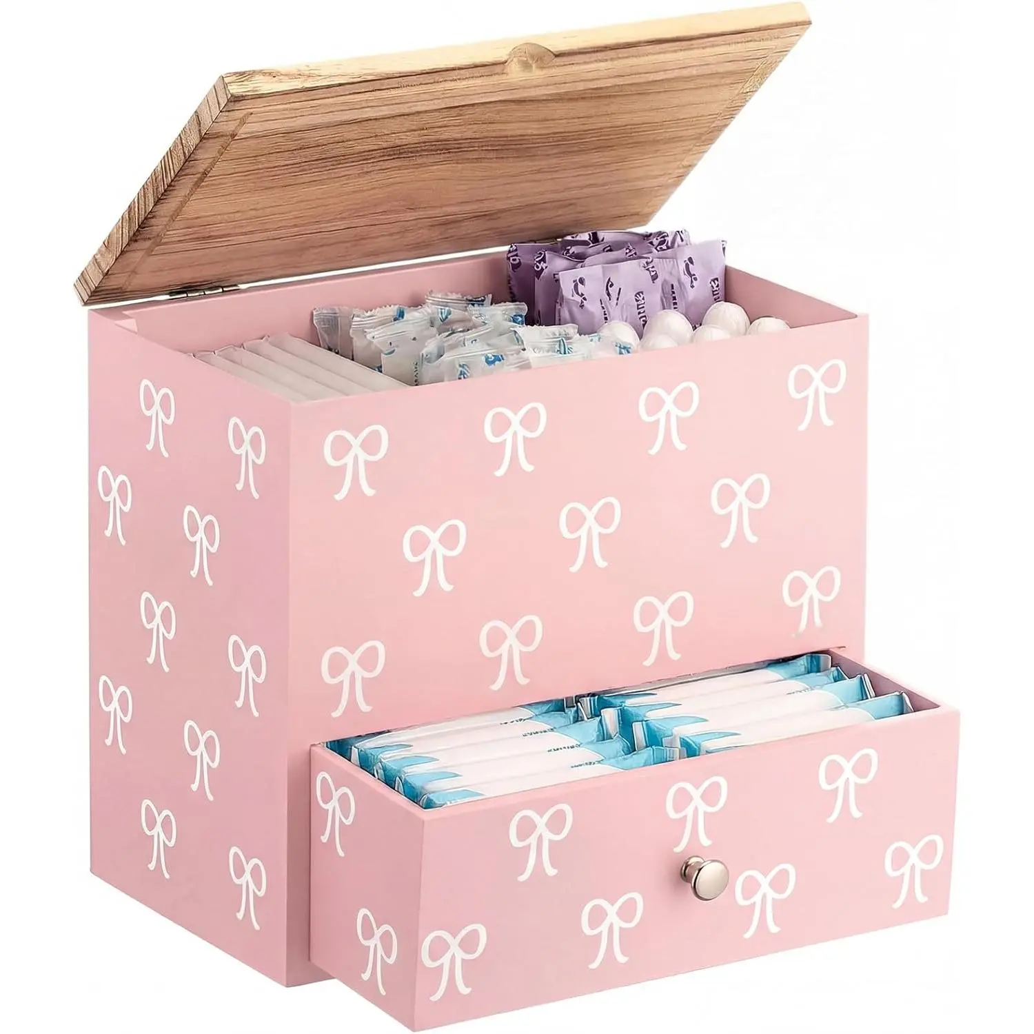 Pink Bow Tampon Holder for Bathroom Wood Feminine Product Organizer with Drawer and Lid Pad and Tampon Organizer Bathroom Accessories Storage Box for Pink Bow Washroom Period Box