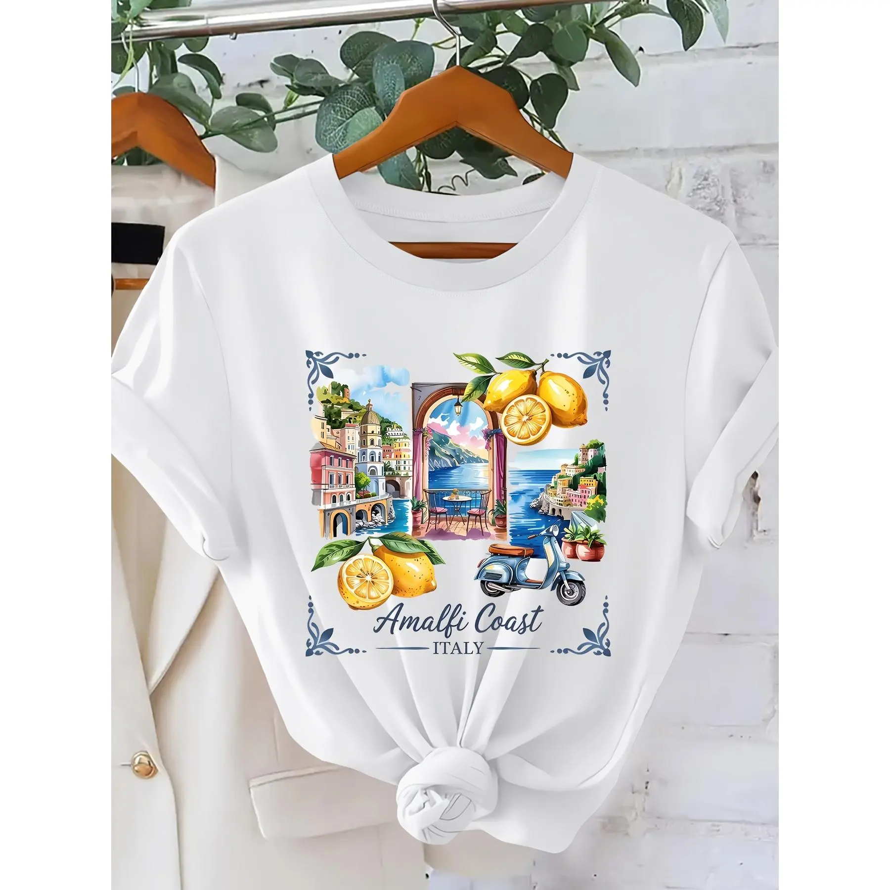 Plus Size - "Amalfi Coast ITALY" Scenic View Print Women'S T-Shirt | Italian Vacation Style Round Neck Short Sleeve Top | 2026 Summer Vacation Style Clothing | Elegant Party Vintage Fashion Loose Fit Women'S Casual Top