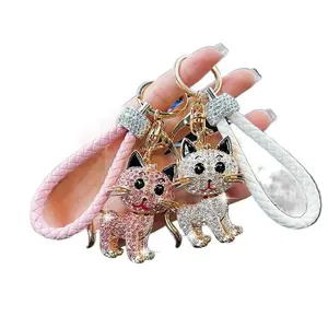 Bling Crystal Cat Keychain for Car Keys, Cute Rhinestone Kitten Purse Charm with Braided Leather Strap, Sparkling Luxury Animal Key Ring Pendant, Perfect Gift for Cat Lovers & Women