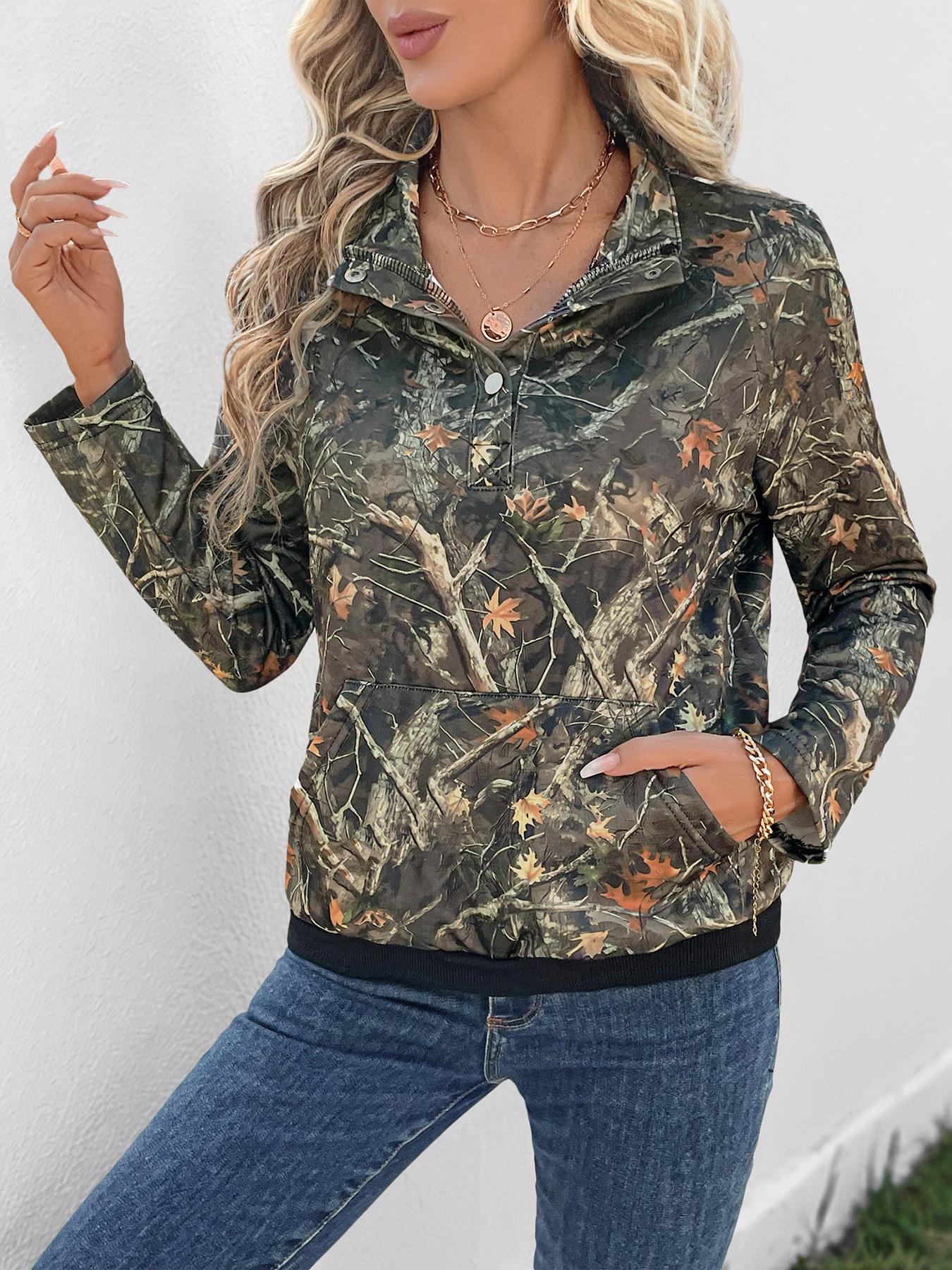 2025 Autumn New Casual Daily Camouflage Maple Leaf Floral Print Pullover Sweatshirt for Women