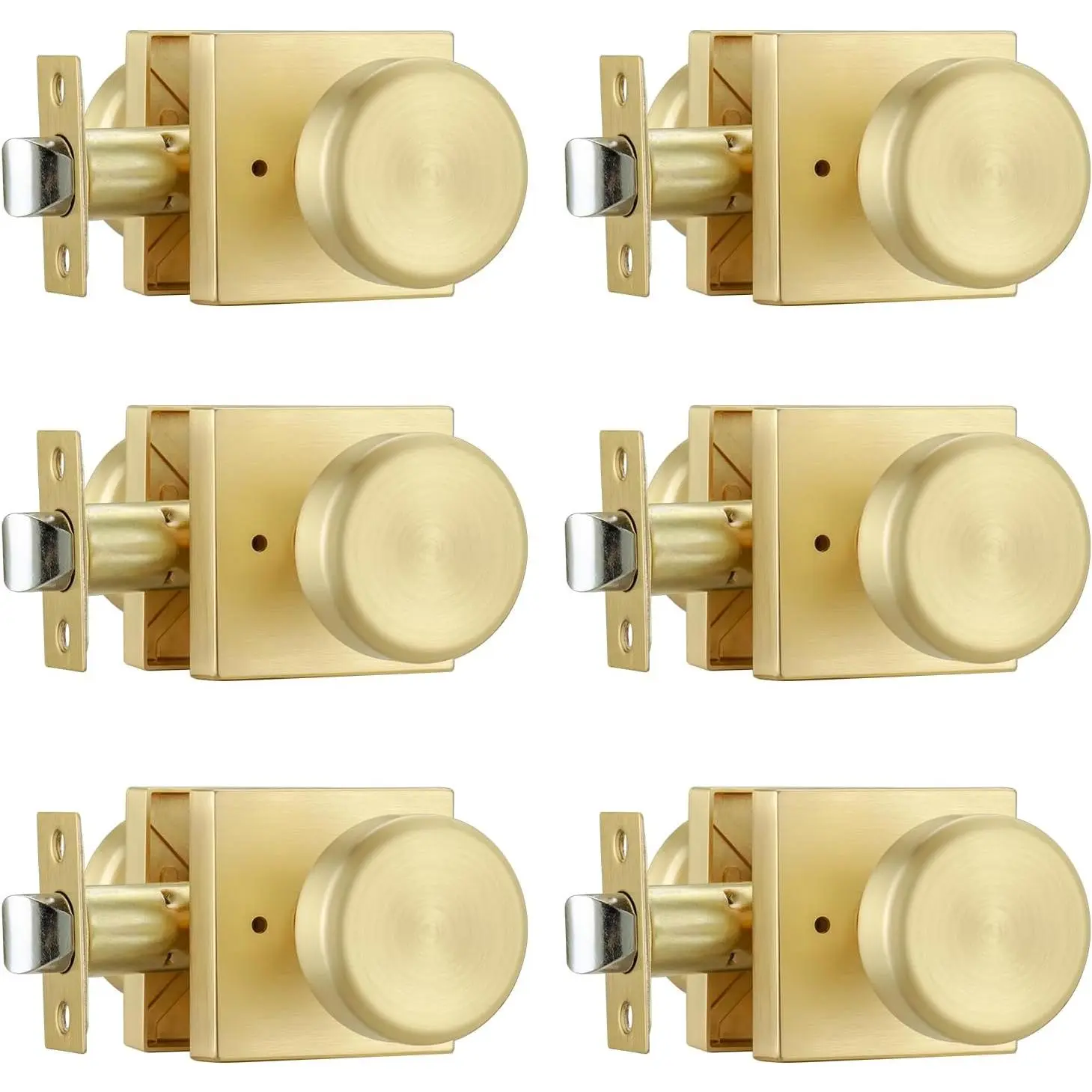 6 Pack Brushed Gold Door Knob with Square Rosette, Heavy Duty Door Knob with Lock, Interior Door Handles for Bath & Bedroom