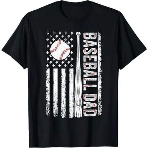 Black Short Sleeve T-Shirt with Distressed American Flag, Baseball Graphic and Vertical “BASEBALL DAD” Text