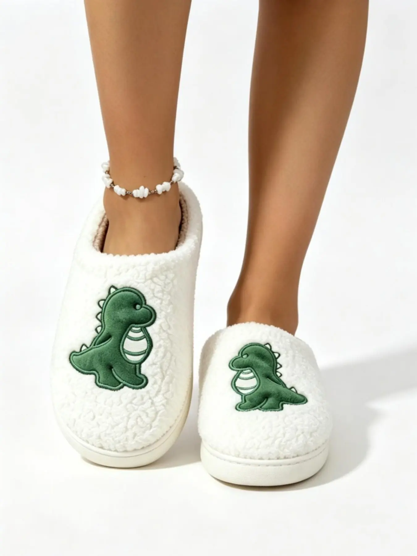 Women's Trendy Cartoon Dinosaur Slippers, Soft Teddy Fleece Material, Non-Slip Lightweight, Casual Indoor Footwear, All-Season Comfort