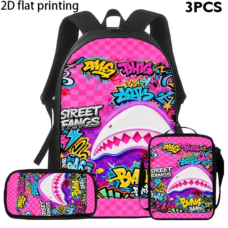 Pink Shark Graffiti 3-Piece Backpack Set, Checkerboard Street Art School Bookbag with Matching Lunch Bag and Pencil Case, Colorful Backpack for Girls Teens, Travel Gift, Urban Art Daypack Gift, Sports bag