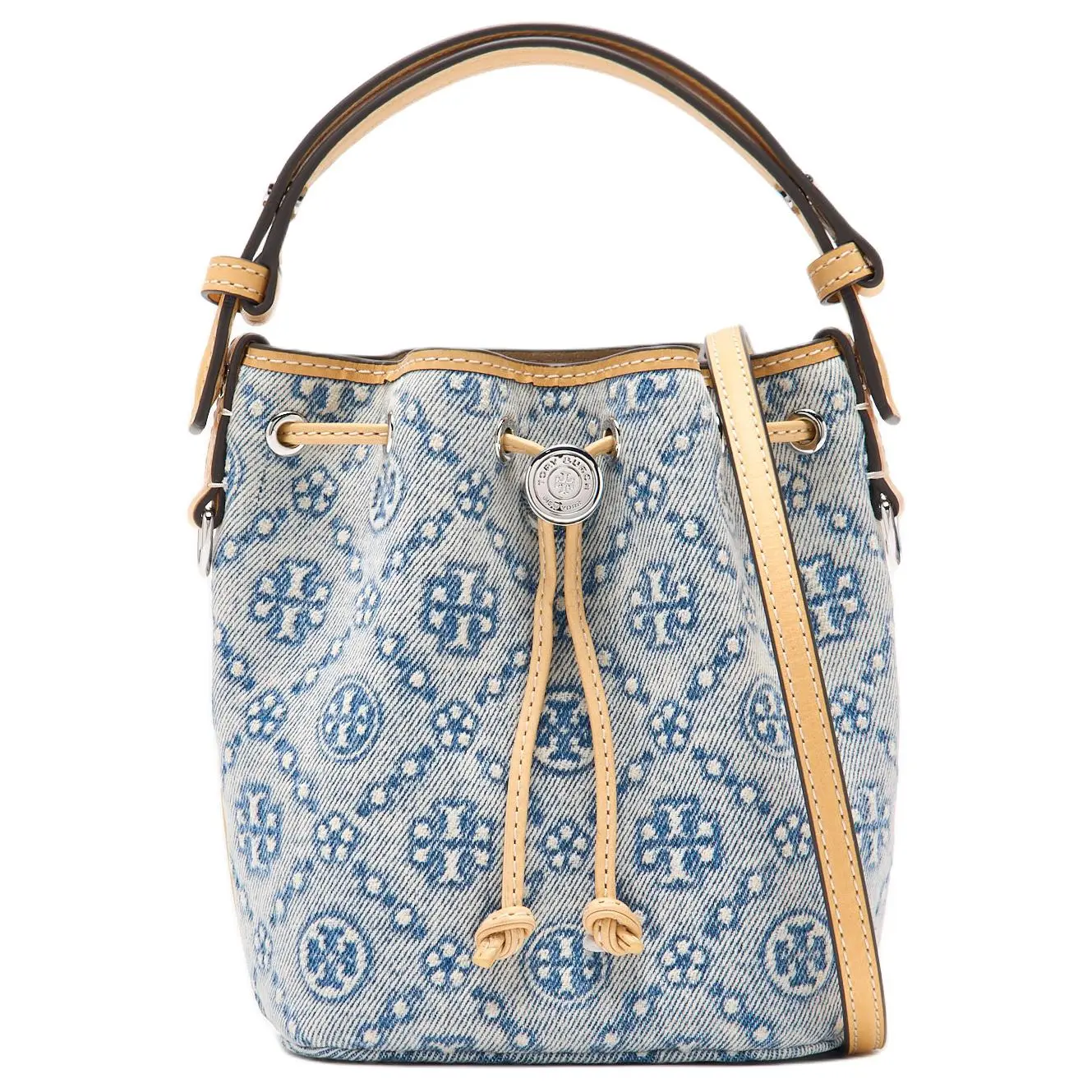 Tory Burch T Monogram Detachable Strap Fabric Bucket Bag for Women – Mini Crossbody and Shoulder Handbag in Powder Blue