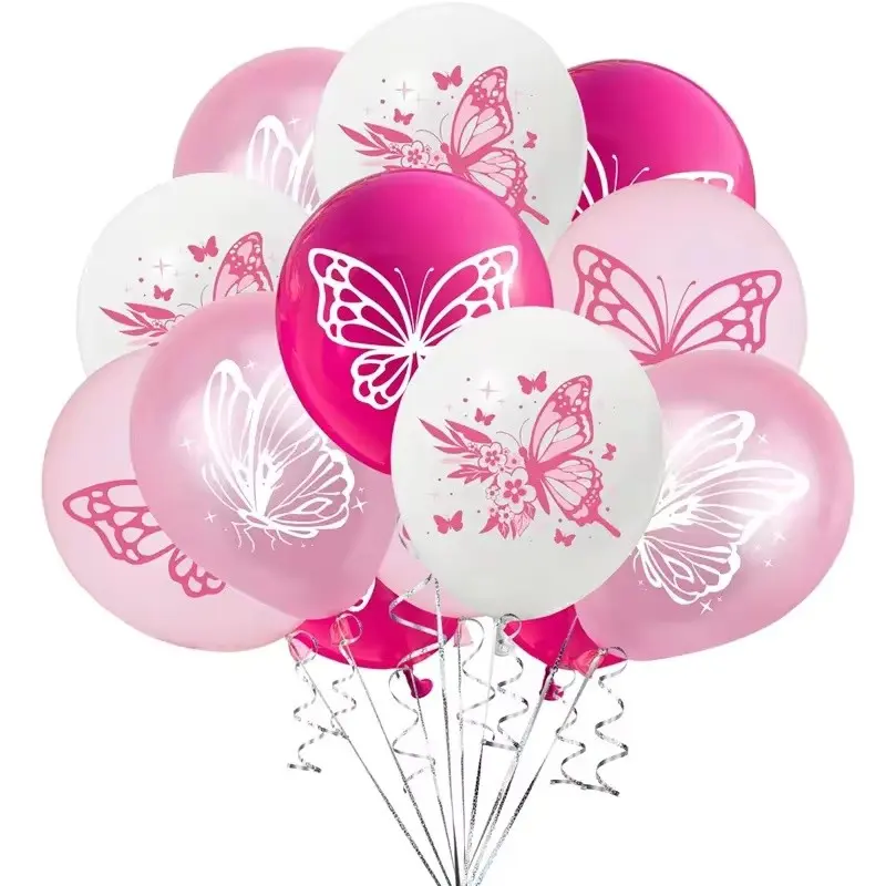 12Pcs 12-inch Butterfly-themed Balloon Sets, Pink And Purple Butterfly-latex Balloons For Birthday Party Decoration And Wedding Venue Decoration, Party Balloons Decorations
