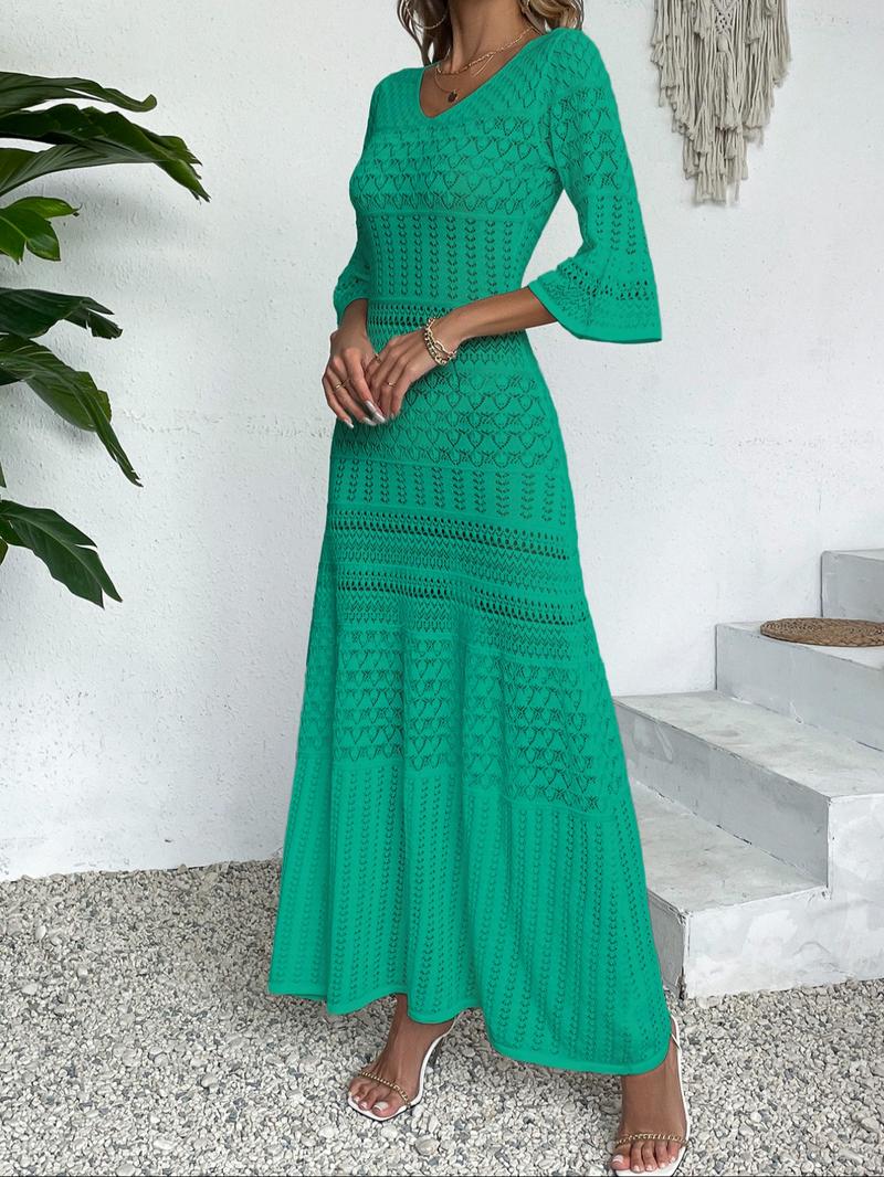 Elegant V-Neck Knit Dress, Hollow Out Design, Casual Fitted Long Skirt, Spring & Summer Beach Vacation Wear, Random Pattern