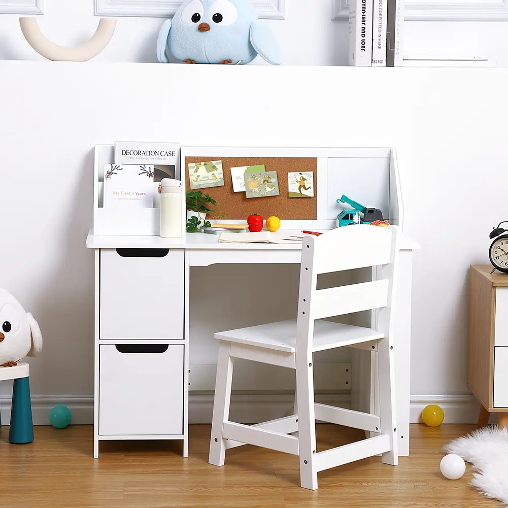 Study Desk and Chair Set with Bookshelf, Bulletin Board, and Cabinets, Learning Desk for Children with Bookshelf, Bulletin Board, Cabinets, - Ideal for Boys and Girls Ages 3-8, White/Pink