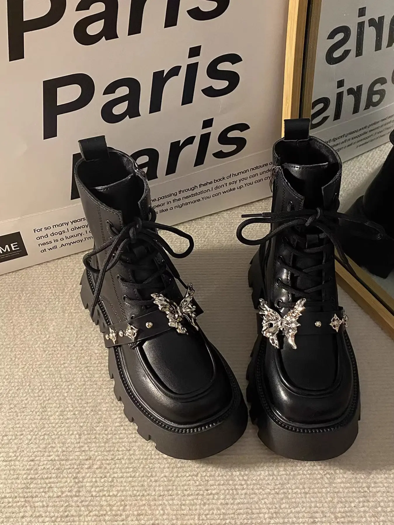 Sweet Cool Style Butterfly Accent Boots for Women, Thick Sole Height-Boosting Lace-Up Side Zip Short Boots