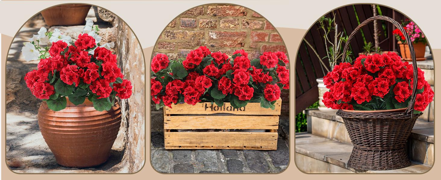 8 Pcs Artificial Geranium Flowers for Outdoors Geranium Silk Red Flower Outdoor UV Resistant Garden Plants Faux Flowers for Christmas Home Kitchen Table Centerpieces Decor