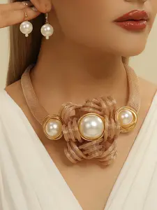 Vintage Baroque New Style Bold Handmade Pearl Aluminum Wire Necklace Jewelry Set, Unique Accessories for Fashion Enthusiasts