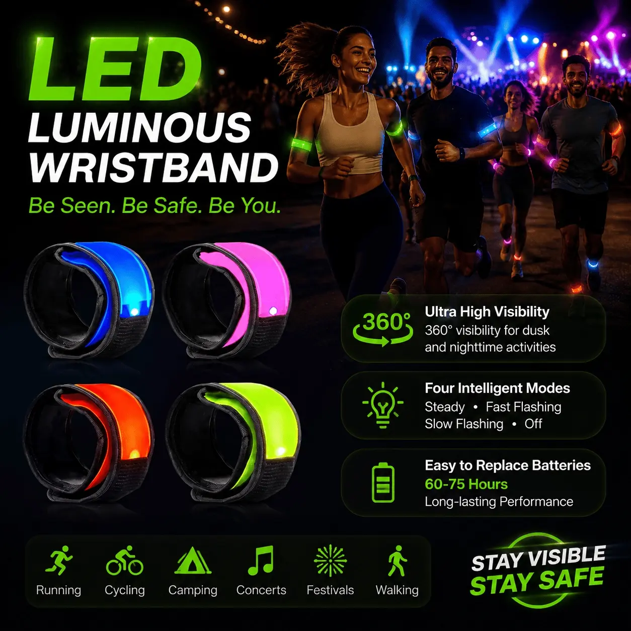 Glow in the Dark Flashing LED Arm Bands, Multicolor Sports Wristbands for Party Concert Festival, Night Running Gear for Adults Kids, Portable Glow Stick Alternative, Anti-Slip Durable Reflective Wristband
