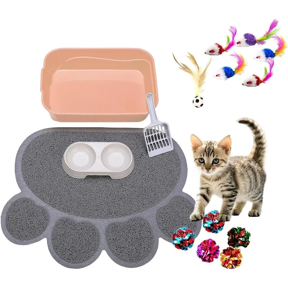 Kitten Litter Box Starter Kit with Mat, All-in-One Starter Kit for Kittens & Small Cats, Anti-Tracking Litter Mat, Easy Clean, Includes Scoop & Toys, Compact Size (PinkScoop Set)
