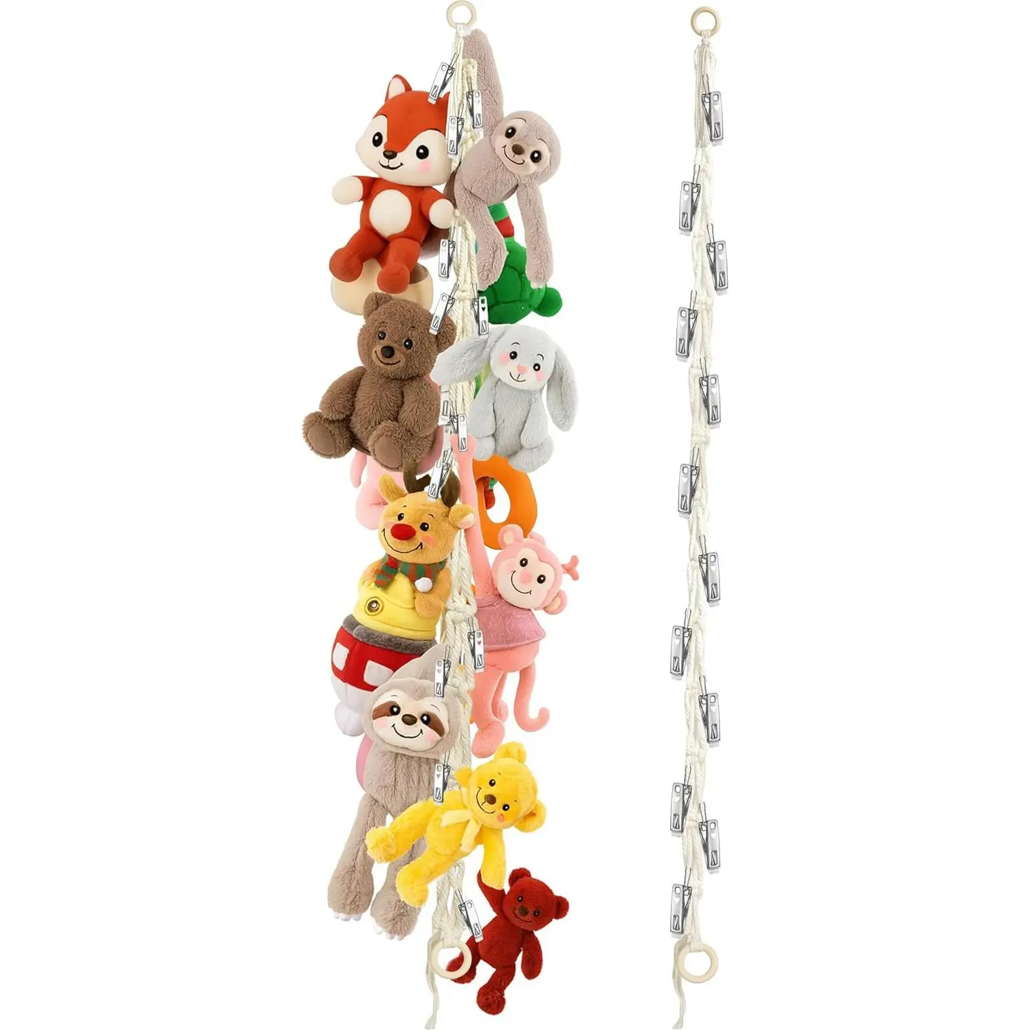 Cotton Rope Stuffed Animal Storage Chain, 6.56 FT Hangable Toy Organizer with 20 Metal Clips for Nursery & Playroom Decor, Fits Stuffed Toys