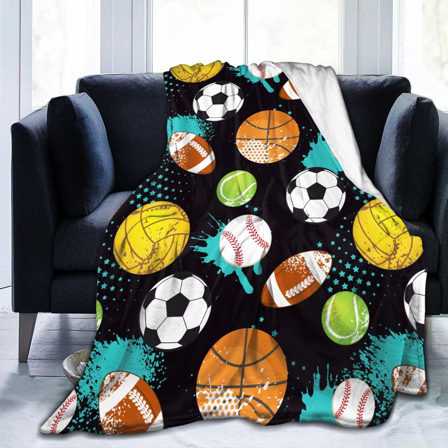 Basketball Soccer Football Baseball Fun Ball Throw Blanket Soft Bed Bedding Warm Cozy Plush Flannel Fleece Blankets Gifts for Kids Boys Teens, Sofa Couch Bedroom Home Decor, 50"x40"